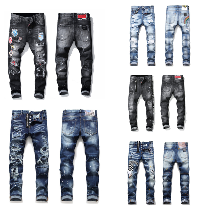 

Men's jeans color embroidered messy thread hole patch lanyard decoration denim pants cloth paint splash letter printing stretch 08100101, Blue