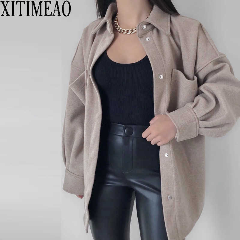 

ZA Autumn Winter Fashion Woolen Coat Women Loose Shirt Casual Solid Ladies coat Lapel Jacket 210604, Light khaki