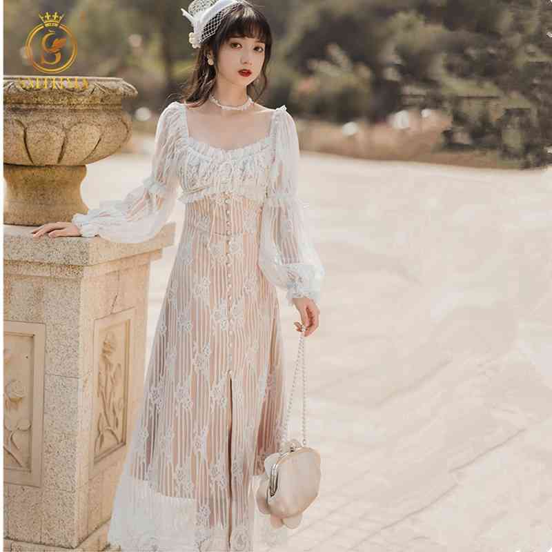 

Fashion Ladies Lace Hollow Out Long Dress Women's Lantern Sleeve Sexy Front Split Sweet Vestidos 210520, Photo color