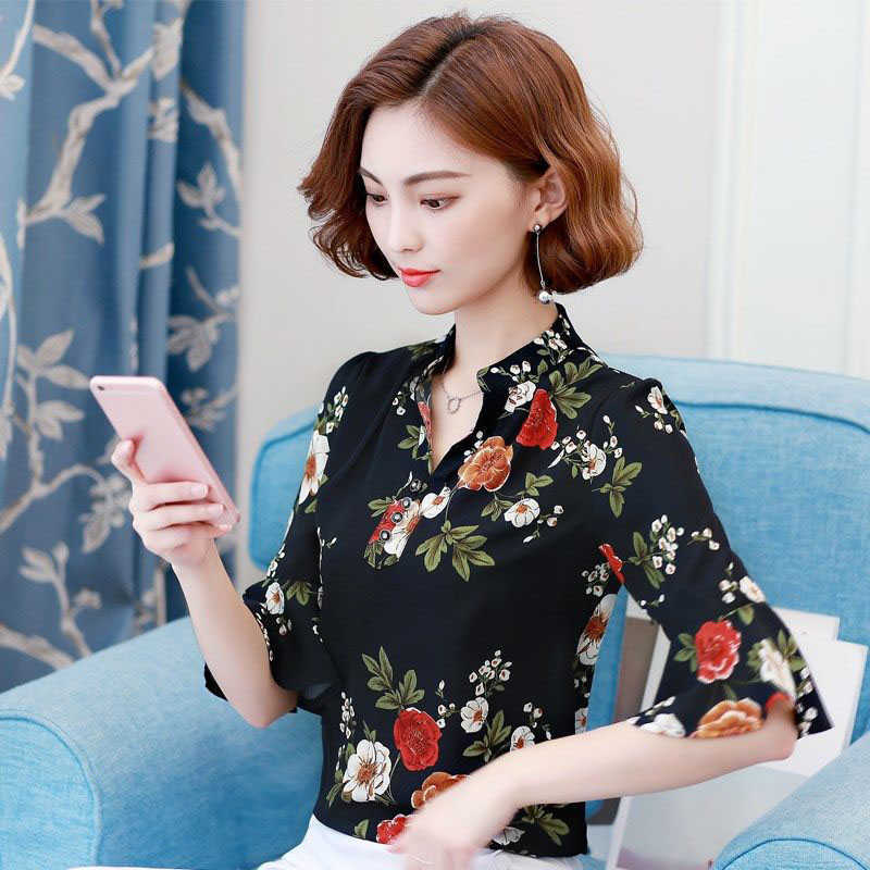 

Women Spring Summer Style Chiffon Blouses Shirts Lady Casual Short Stand Collar V-Neck Flare Sleeve Blusas Tops DF2892 210609, Navy
