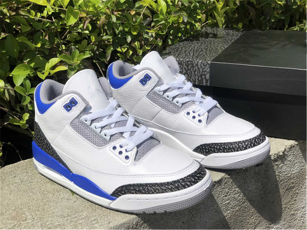 

2021 Released Authentic 3 Racer Blue Men Athletic Shoes White Black Cement Grey CT8532-145 Real Leather Retro Sports Sneakers With Box
