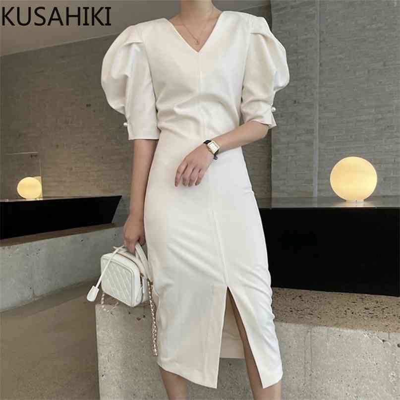 

Elegant V-necl Slim Split Dresses Korean Puff Sleeve Chic Woman Dress Solid Causal Vestido Feminimos 6H538 210603, Apricot
