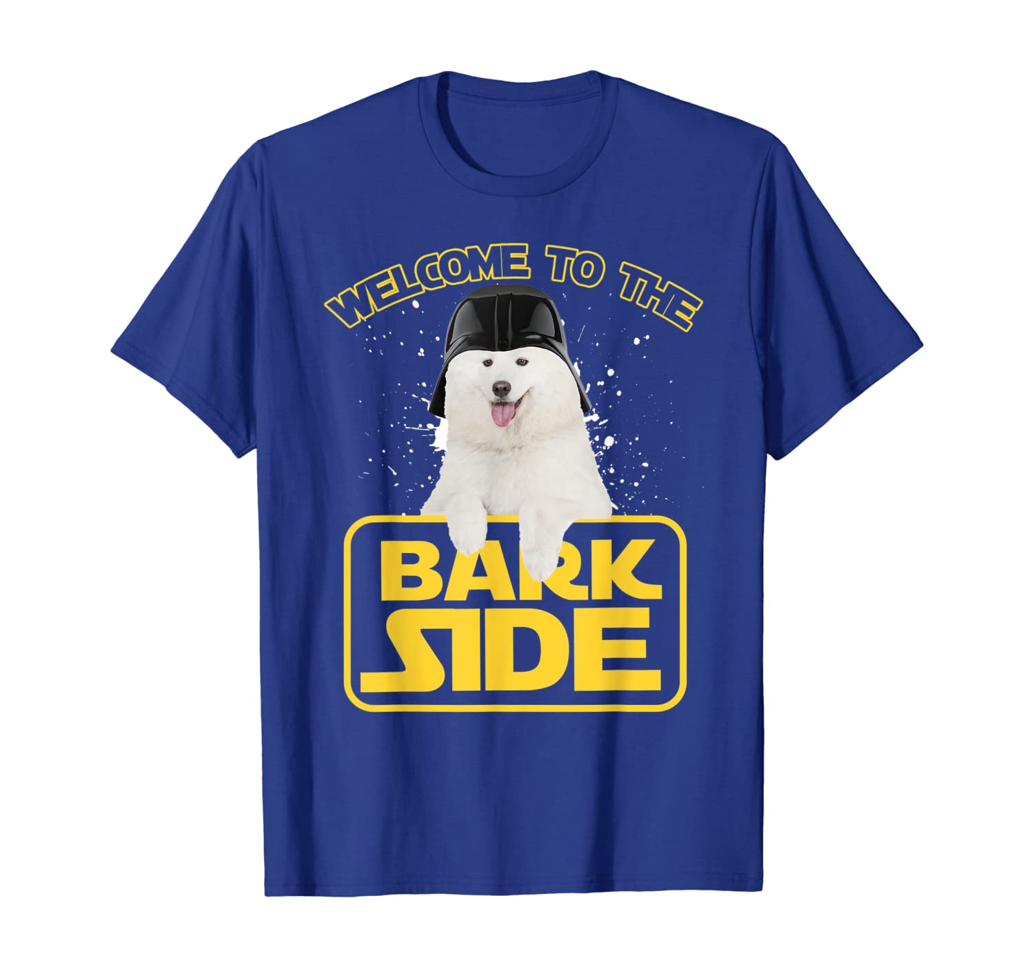 

Cool Samoyed shirt, wear friendly Sammy dog in Bark Side tee, White;black