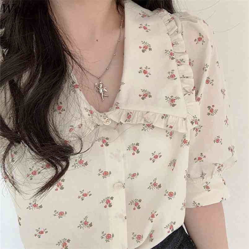 

Vintage Floral Print Blouses Women Casual Sweet Puff Sleeve Turn Down Collar Shirts Summer Temperament Fashion Tops 210519, Photo color