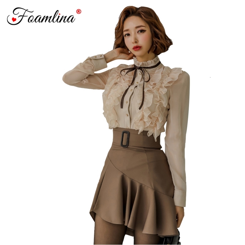 

Sweet Ladies Two Pieces Sets Spring Fashion Stand Collar Long Sleeve Ruffles Shirt Belted Mini Skirt Women's Suits 210603, As picture