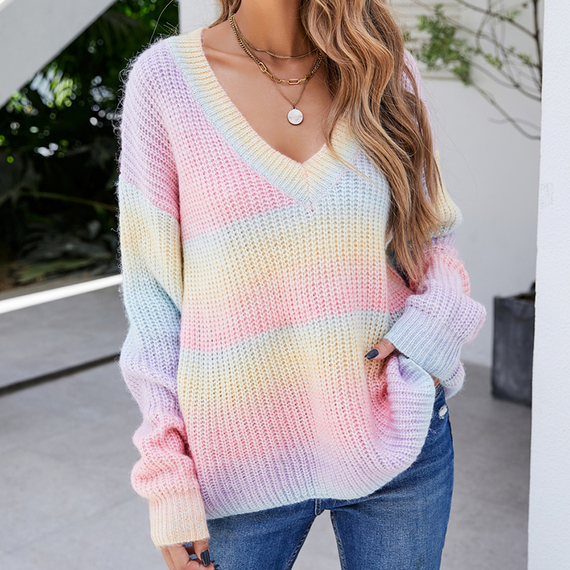 

2021 autumn and winter new color tie-dye V-neck sweater casual all-match women's clothing, White;black