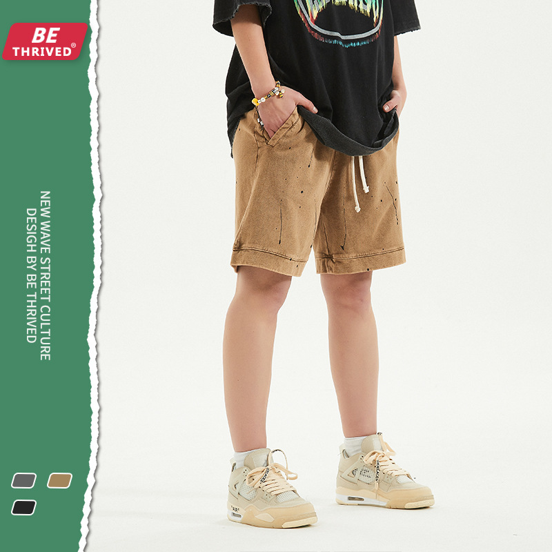 

be men's wear | 2021 summer niche splash ink strap make old shorts high street fashion brand casual men's wear, Black