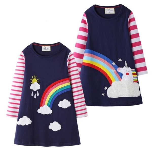 Girl&#039;s Dresses Jumping Meters New Baby Princess Dress for Autumn Spring Applique Rainbow Long Sleeve Kids Girls Cotton Clothing Hot Selling-image-689176683
