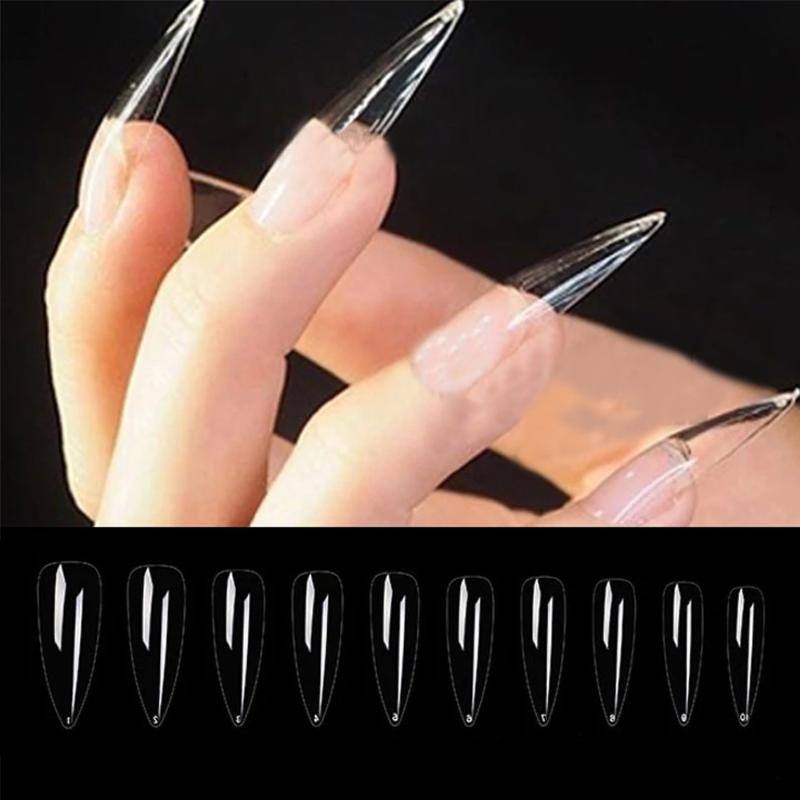 

False Nails Long Nail Tips 100pcs/box Thin Pointed Fake Suitable For Salons And Personal USE, Red;gold