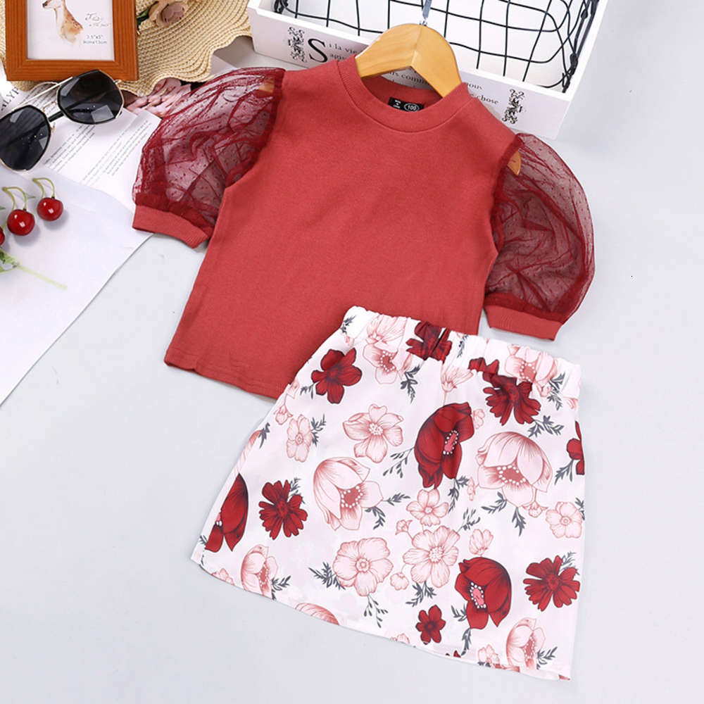 

Boys and girls suits Children's summer girls' suit mesh short sleeve top flower skirt two piece set, White