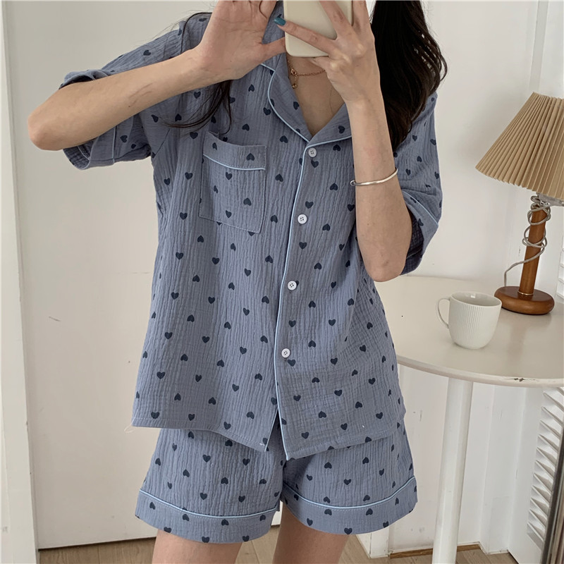 

Casual Dresses Homewear High Quality Women Sweet Short Printing 2021 Princess Femme All Match Loose Nightwear Chic Pajamas Sets EEUQ, Blue