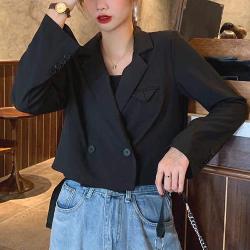 

Blazer Women Solid Notched Fashion Short Tops Office Lady Korean Female Clothes Spring Jacket Autumn 210604, Apricot