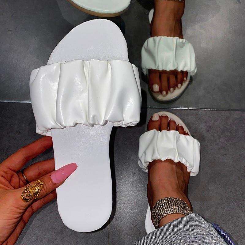

Sandals Women 2021 Female Flats Slippers Pleated Leather Flip Flops Girls Summer Shoes Casual Ladies Slides Fashion Beach, Black