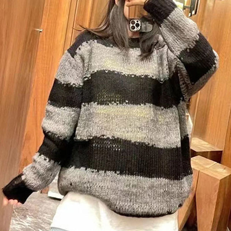 

women's sweaters female sweater knitted with holes, long-sleeve sweater, mohair, loose mfvr, White;black
