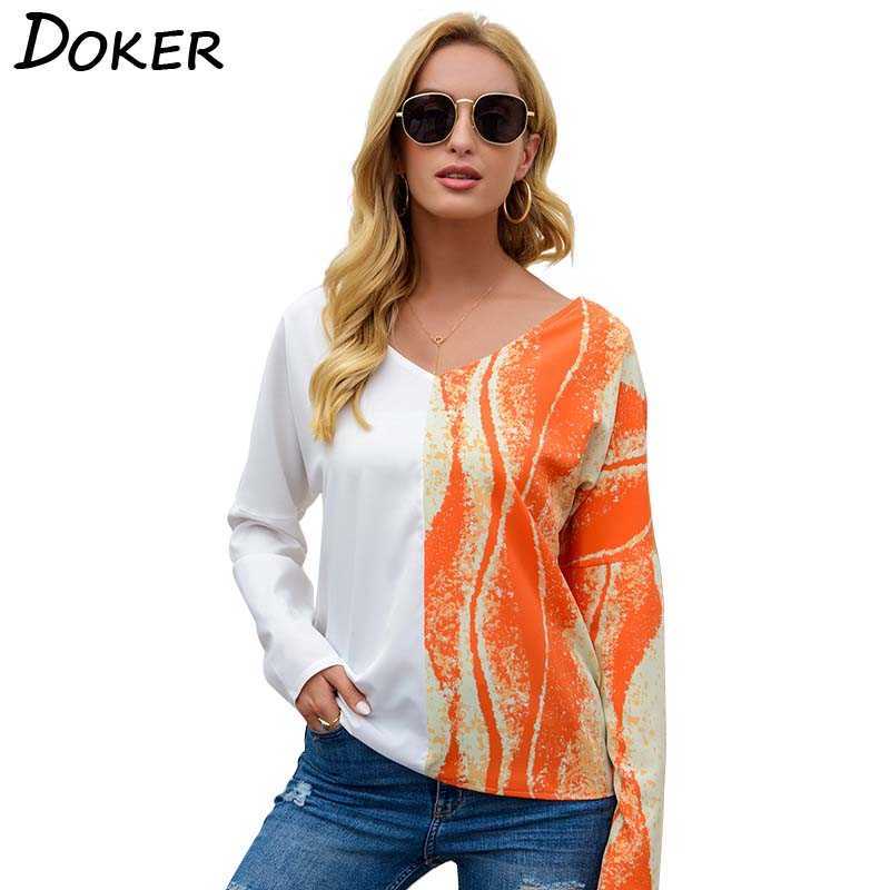 

Contrast Color Patchwork V Neck Women T Shirt Casual Loose Long Sleeve Ladies Tops Daily Life Homewear Blouse Femme 210604, Black