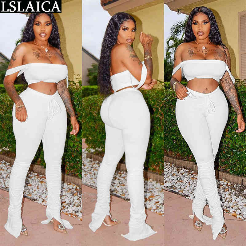 

Elegant wild 2 piece set women strapless tops&long pants draped slim solid color sexy two outfits casual sets 210520, White
