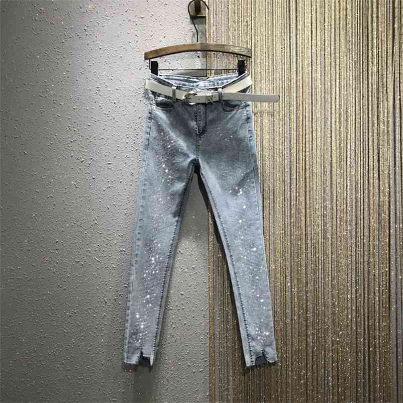 

Summer Autumn Denim Nine-point Jeans Women's Diamond Rhinestones Skinny Pants Girls Streetwear Pencil A3536 210519, Not include belt