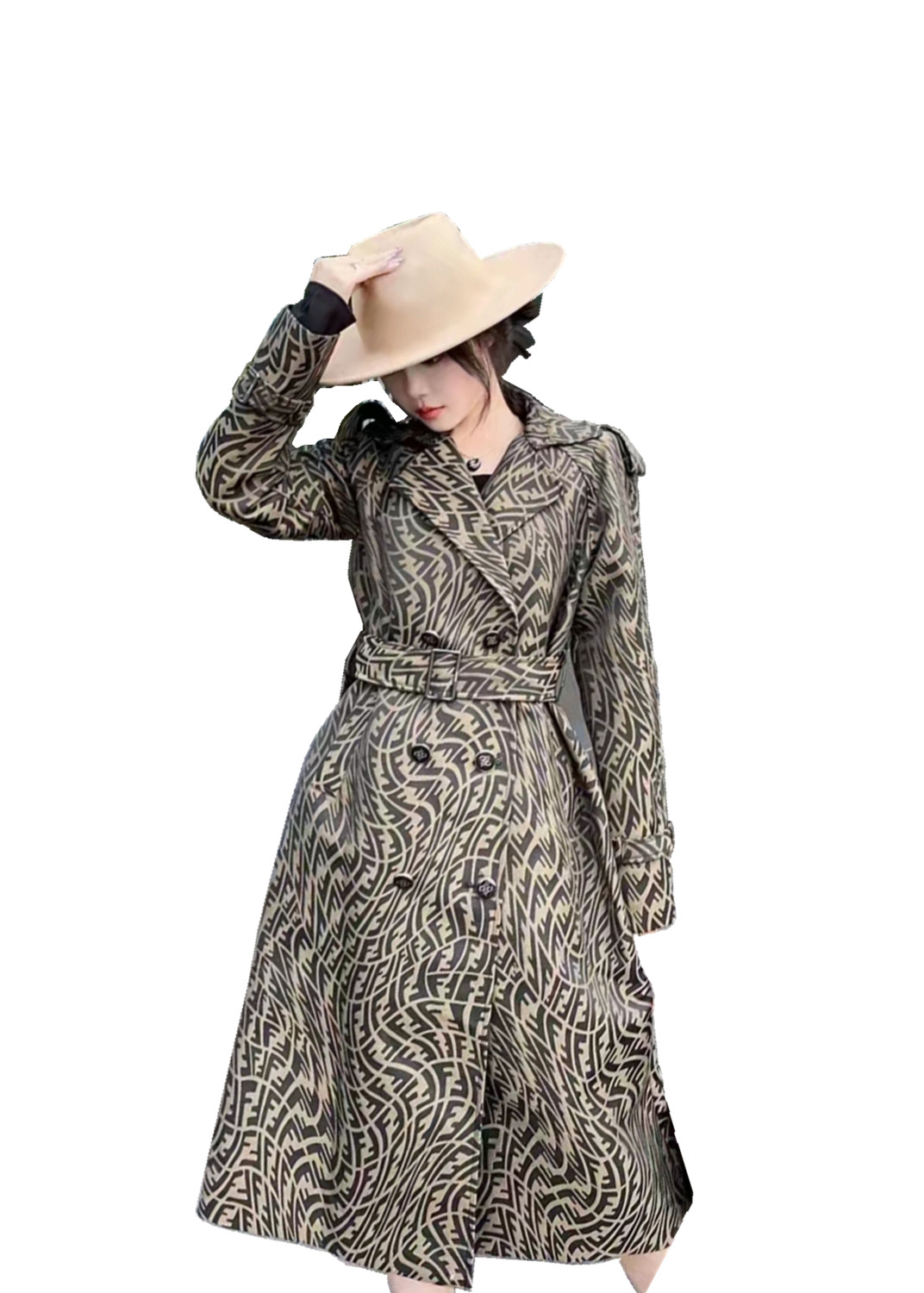 

Designer Woman Coat Long Sleeves Skinny Printed Lapel Long Coats, Tan;black