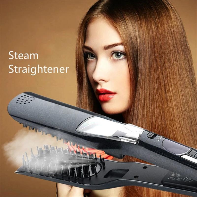 Electric Hair Brushes LCD Steam Straightener Brush Flat Iron Vapor Plate Led Ferro Dry & Wet Steampod Styling Tool-image-707843416