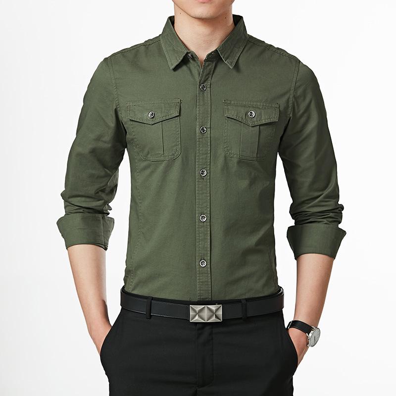 

Men's Casual Shirts Military Cotton Shirt Khaki Retro Slim Fit With Pocket Long Sleeve Vintage 5XL Streetwear Drop, Khaki military shirt