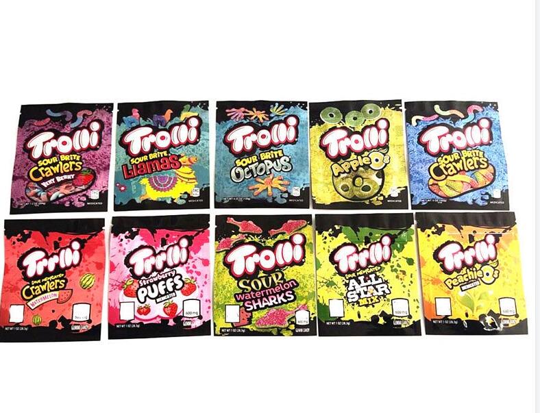 

11 Types mylar bag trolli trrlli Errlli edibles Gummies packaging sour brite crawlers smell proof resealable zipper pouch 600mg DHL free