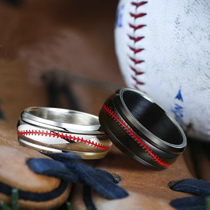 

Cluster Rings Mens Spinner Stainless Steel Baseball Wedding Ring With Red Stitching Spinning Band