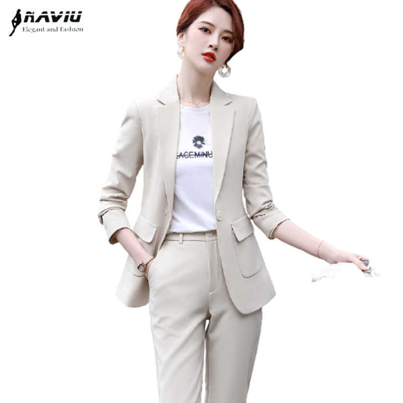 

NAVIU Elegant Fashion Spring Women Pants Suit Two Pieces Formal Set High Quality Blazer and Trouses 210604, Apricot coat pants