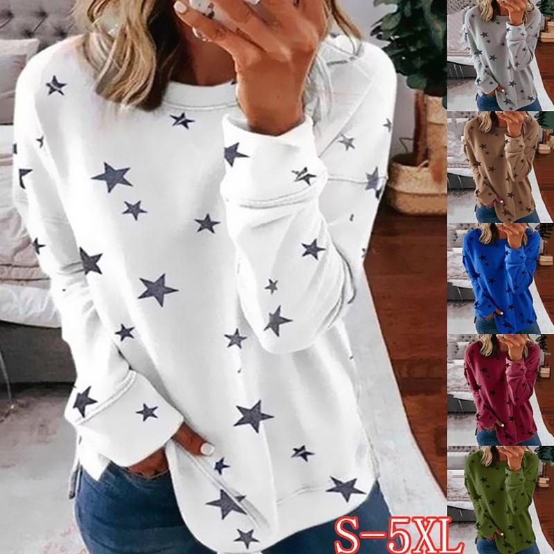 

womens fashion star print t shirt casual streetwear harajuku long sleeve tshirts plus size loose round neck t-shirt tee, White