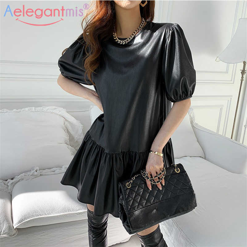 

Aelegantmis Korean Fashion Puff Sleee Women Black Pu Leather Pleated Mini Dress Stylish Ins Female 210607