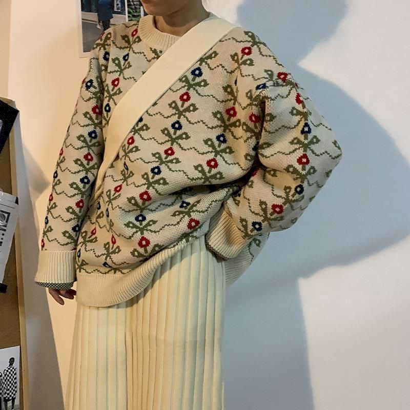 

Autumn and winter sweater female students literary fresh retro jacquard wild loose lazy round neck pullover 210526, Purple