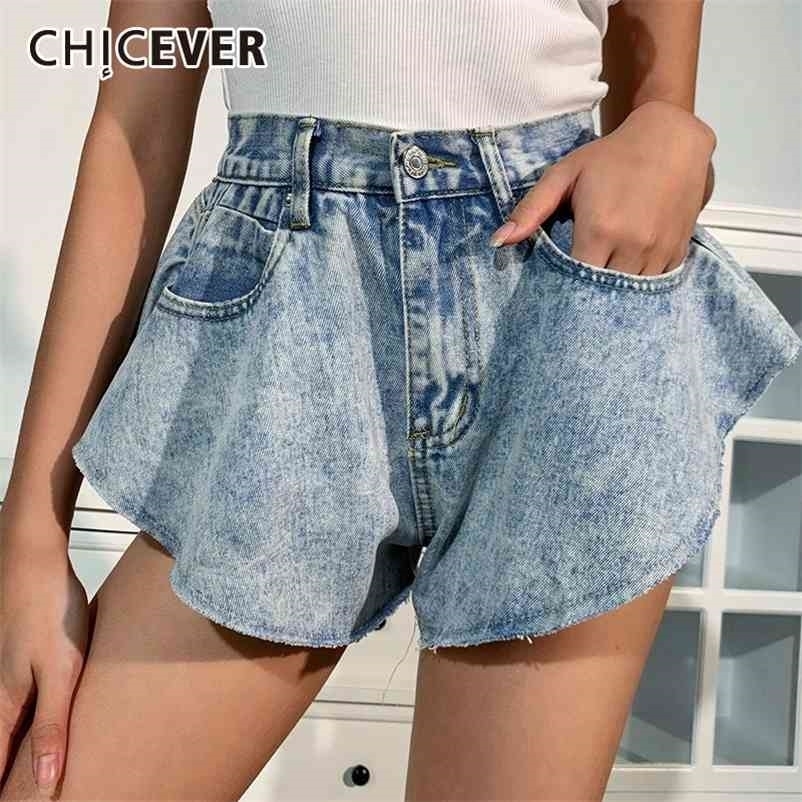 

CHICEVER Denim Shorts For Female High Waist Pockets Sexy Ruffles Wide Leg Short Women's Solid Trousers Summer Clothes 210621, Snowblue