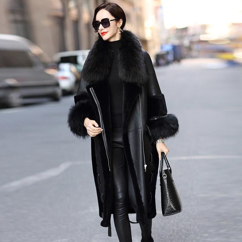 

Women' Fur & Faux Real Genuine Leather Sheep Shearling Winter Coat Women Natural Raccoon Collar Windbreaker BT18H02 YY731, Black