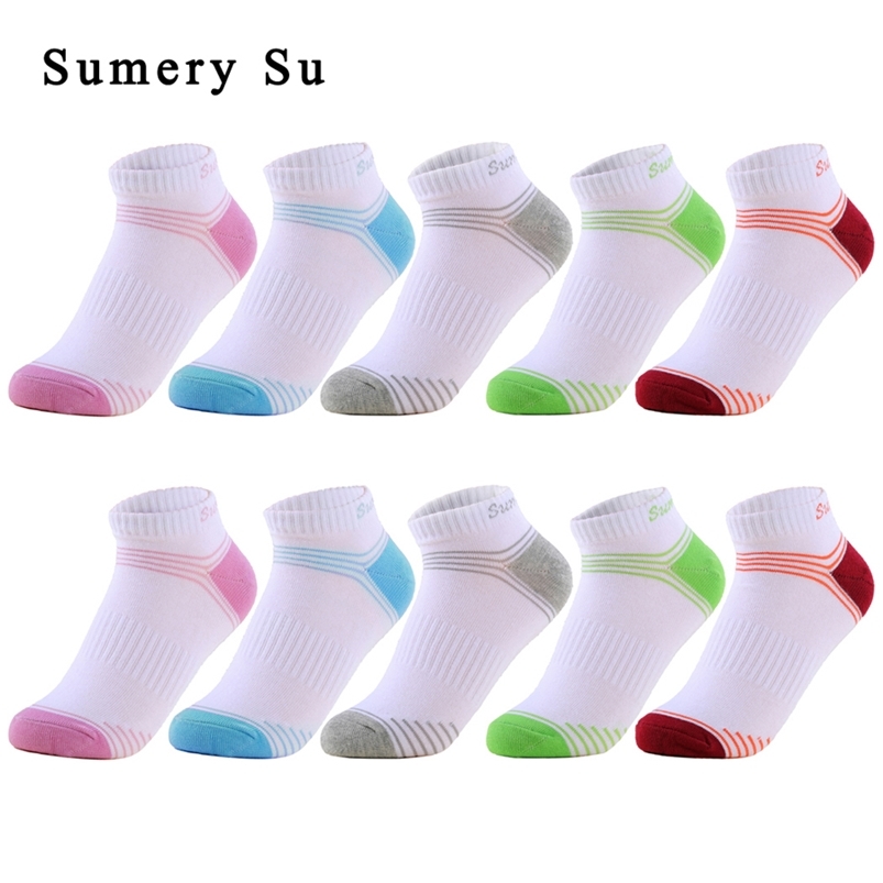 

5 Pairs/Lot Running Sock White Grey Cute Colorful Stripe Ankle Casual Daily Wear Cotton Compression Short Sock 210720, 10 pairs white