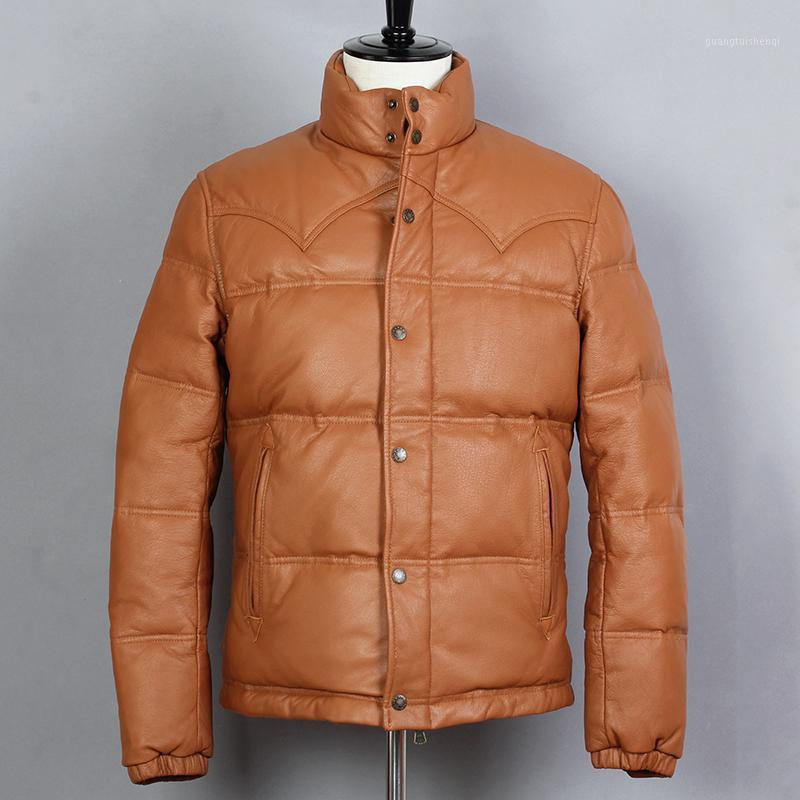 

Genuine Avirex Leather Down Jacket Men Sheepskin Slim Duck Thick Winter Coat Male Stand Collar Short Real Men's & Faux, Brown
