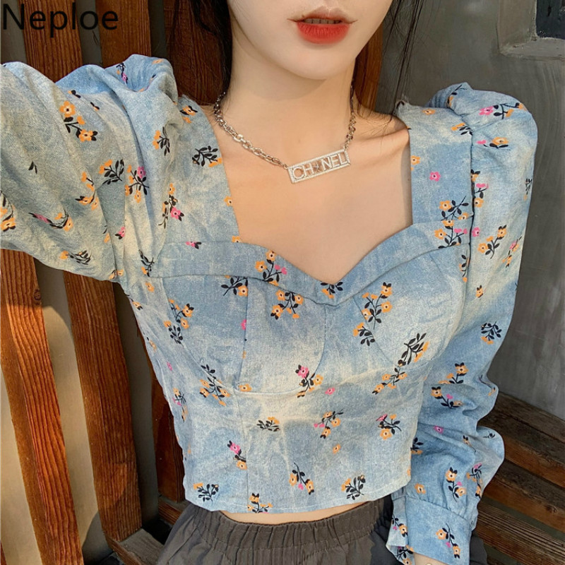 Neploe Blusas Mujer De Moda Print Vintage Denim Shirts Tops Square Collar Short Blouses Women Puff Sleeve Slim Blouse 4G225 210422
