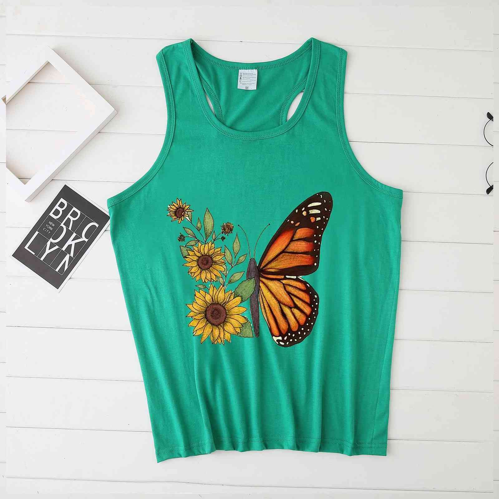 

summer women's tank butterfly and flower print i-neck tank top, White