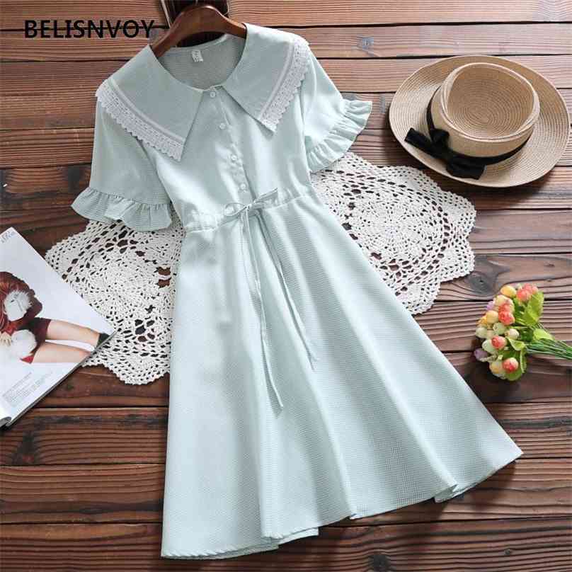 

Summer Preppy Style Women Sweet Mini Dress Peter Pan Collar Lace Up Plaid Flare Sleeve Elegant Kawaii es 210520, Green