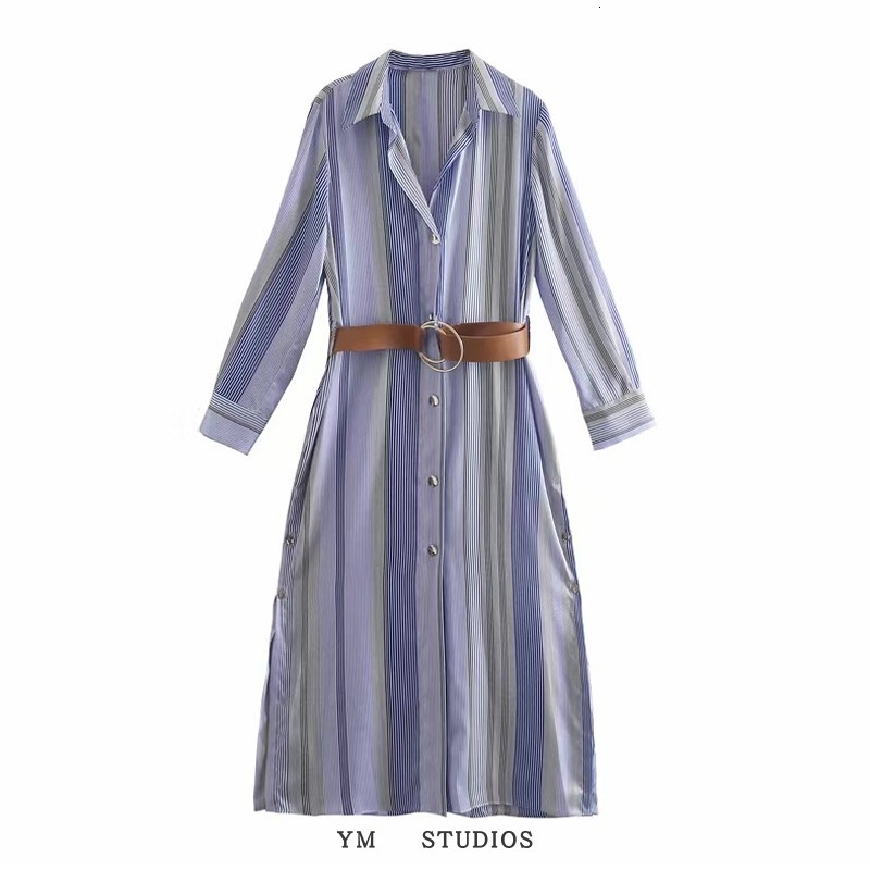 Casual Dresses Light cooked style hit color striped dress with belt ornaments single-breasted split long-sleeved shirt skirt sprin-image-701672629