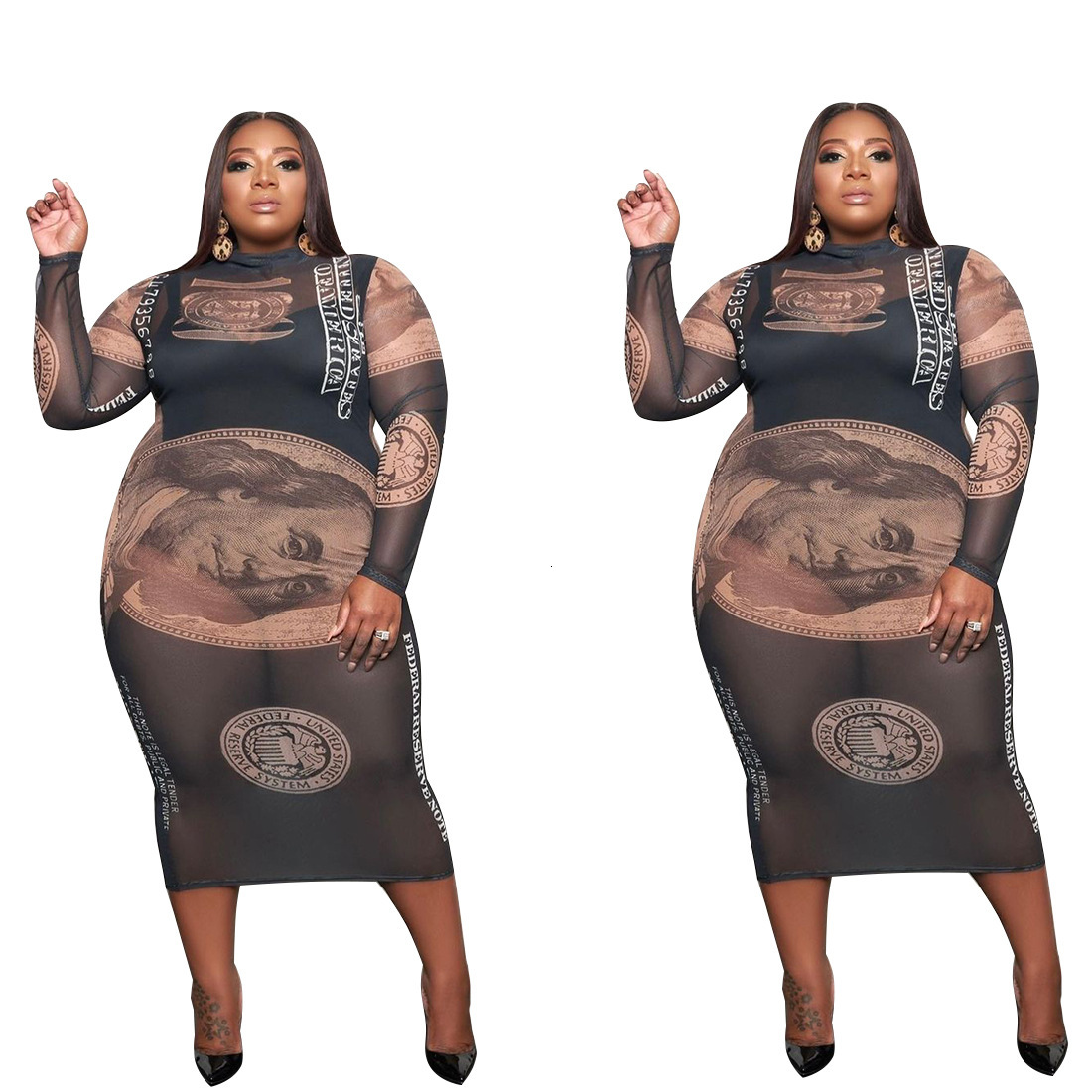 

Casual Dresses Plus Size Money Dollar Print Sexy Slim Fit Women Mock Neck Full Sleeve Bandage Dress Spring Mesh See Through Vestid, F1023-black