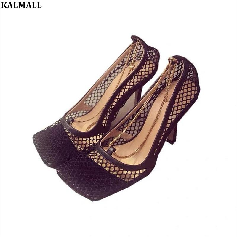 

Zapatos Mujer Sexy Mesh Sandals Square Toe High Heels Ankle-Wrap Chains Pumps Breathable Sandles Summer Dress Party, Black