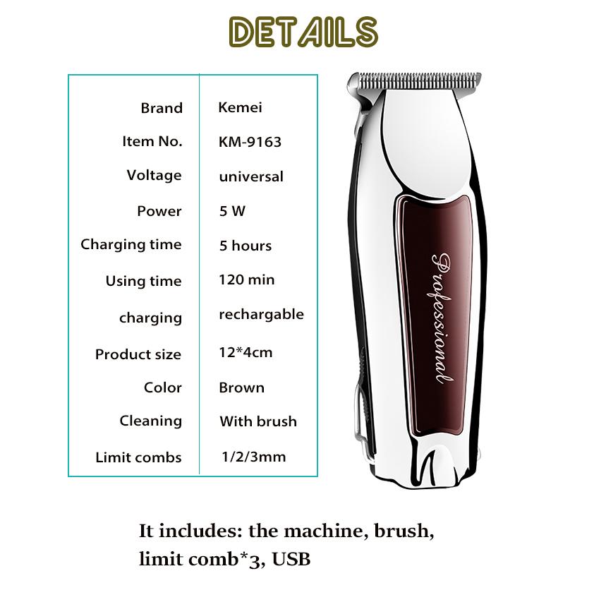 

Kemei KM-9163 Hair Trimmer Cordless Hair cutter Rechargable Powerful Motor Barber Hair clipper