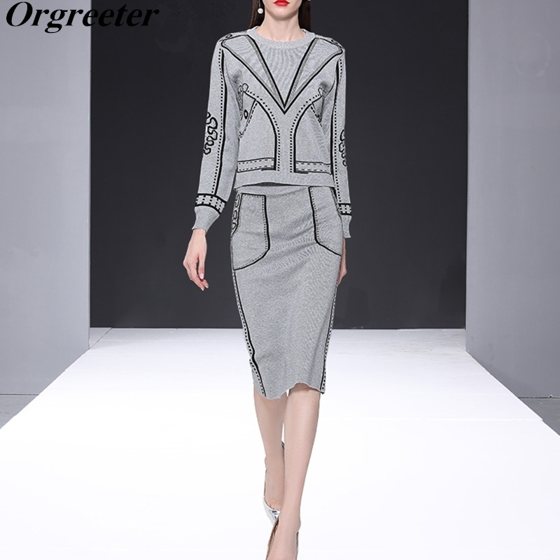 

Runway Design Sweater and skirt 2 Piece set Fall Winter Personality graffiti print Knitted Jumpers Bodycon Skirt suit 210525, Gray
