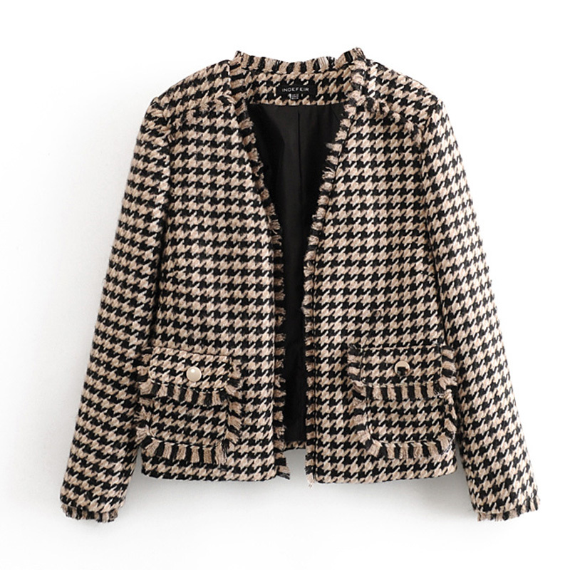 

Chic Houndstooth Jacket Women Fashion Casual V Neck Coats Elegant Ladies Pockets Long Sleeve Open Stitch Outwear 210520, Pic