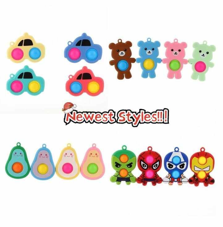 

Rainbow Cartoon Fidget Bubble Toys Key Chain Children's Car Avocado Pioneer Cartoon POO-ITS Puzzle Autism Stress Relief Toys Keyring Pandent FY18
