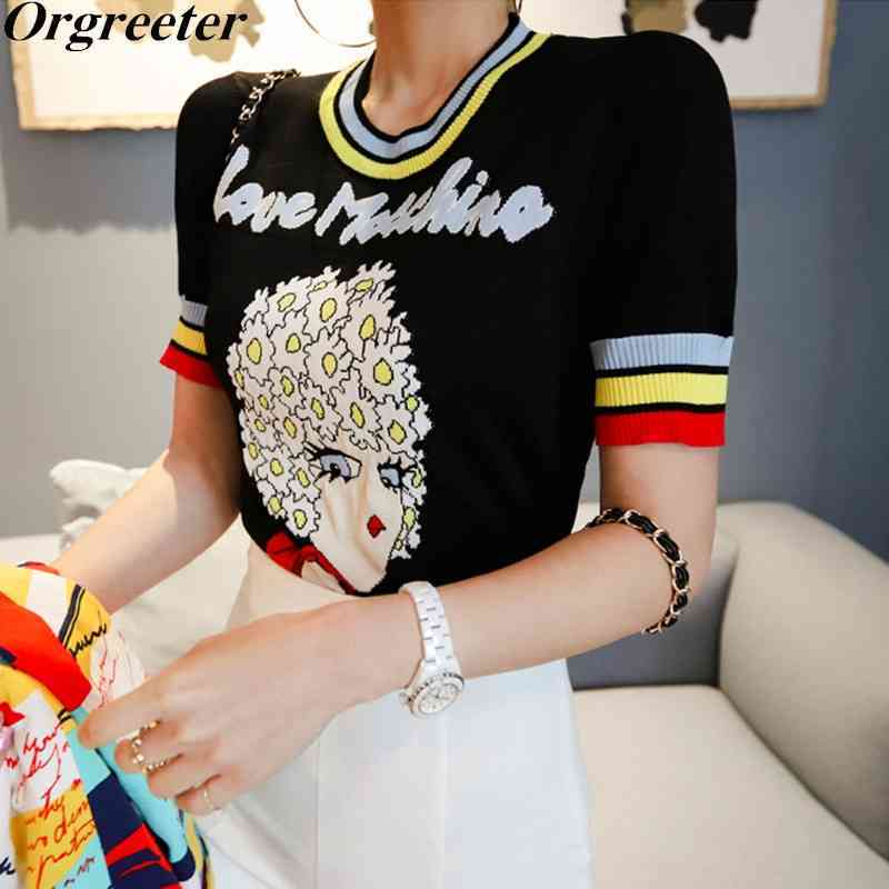 

Playful Fashion Daisy Short Hair Girl Printed Sleeve Black Knitted Pullover Tops Sweater Women's Thin Spring Summer 210525