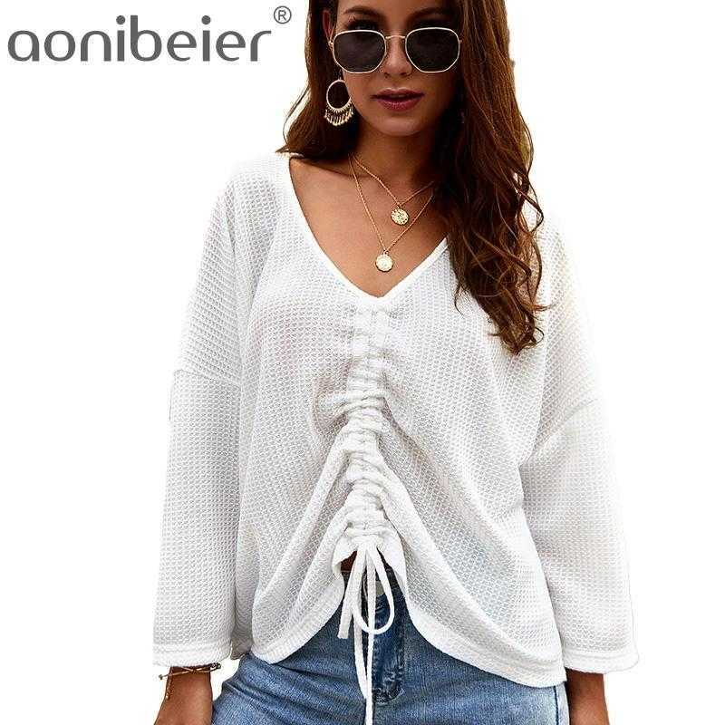 

Chic Drawstring Pleated Sweater Autumn Ladies Knitted Long Sleeve Pullover Sexy V-neck Casual Woman Jumper 210604, Black