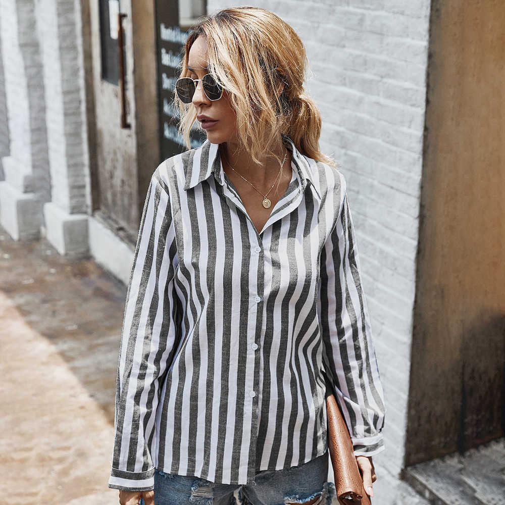

Vintage Striped Women Blouse Korean Turn Down Collor Long Sleeve Shirt Blusas De Mujer W910 210526, Gray