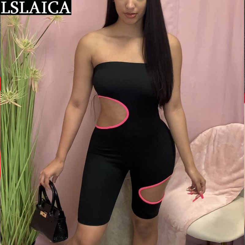 

Jumpsuit Women Sleeveless Solid Color High Waist Hollow Out Summer Bodysuit Knitted Casual Sport Fitness Rompers Clothing 210520, Pink
