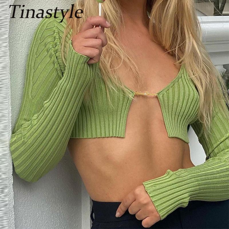 

Women's Sweaters Tinastyle Solid Kintted Sexy Crop Top Women Sweater Cardigan Long Sleeve Short Autumn Winter Jumper Female Y2K Skinny Tops, White;black