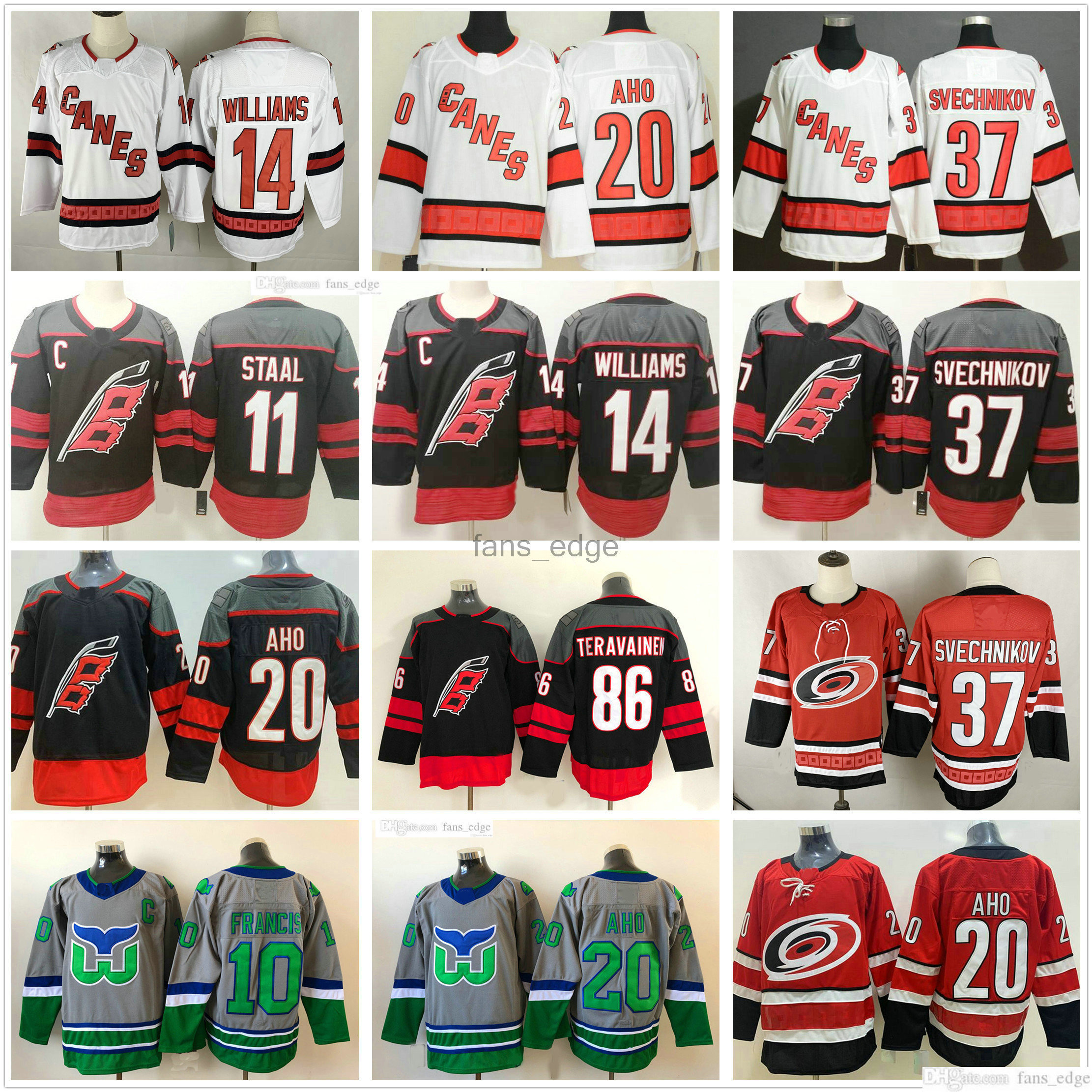 

Reverse Retro Carolina Hurricanes Hockey #20 Sebastian Aho 86 Teuvo Teravainen 37 Andrei Svechnikov 14 Justin Williams Nhl Jerseys, Black;red
